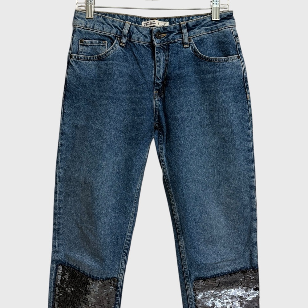 Nwot Zara Basic Denim Sequin Patchwork Jeans Wome… - image 3